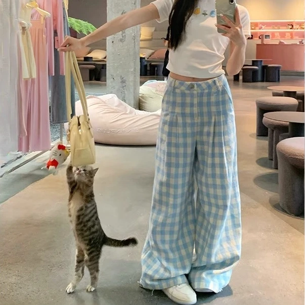 宋同款蓝色褶皱格子休闲裤女2025薄款显瘦直筒宽松垂感拖地阔腿裤