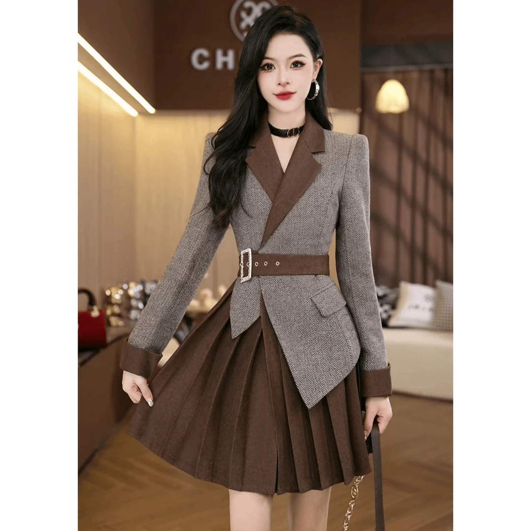 2025春季轻奢连衣裙收腰气质小香风拼接高级感修身西装裙子9199