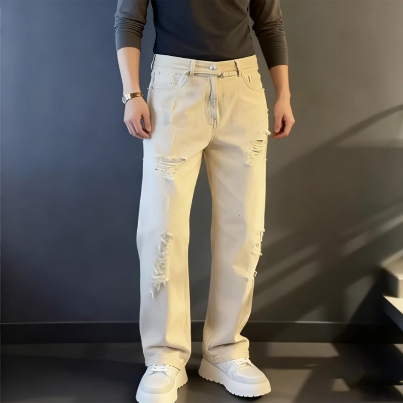 2025秋冬季高端设计感复古破洞直筒牛仔裤男士宽松轻奢长裤子潮牌
