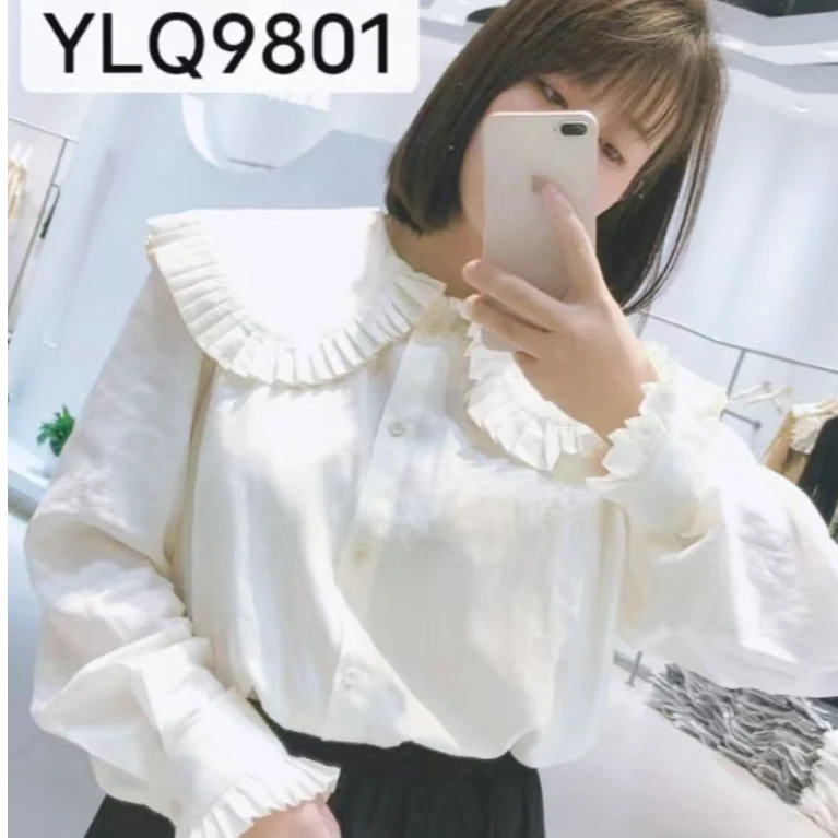 AG名媛上衣秋季时尚甜美娃娃领气质衬衫荷叶边长袖韩版白色衬衣