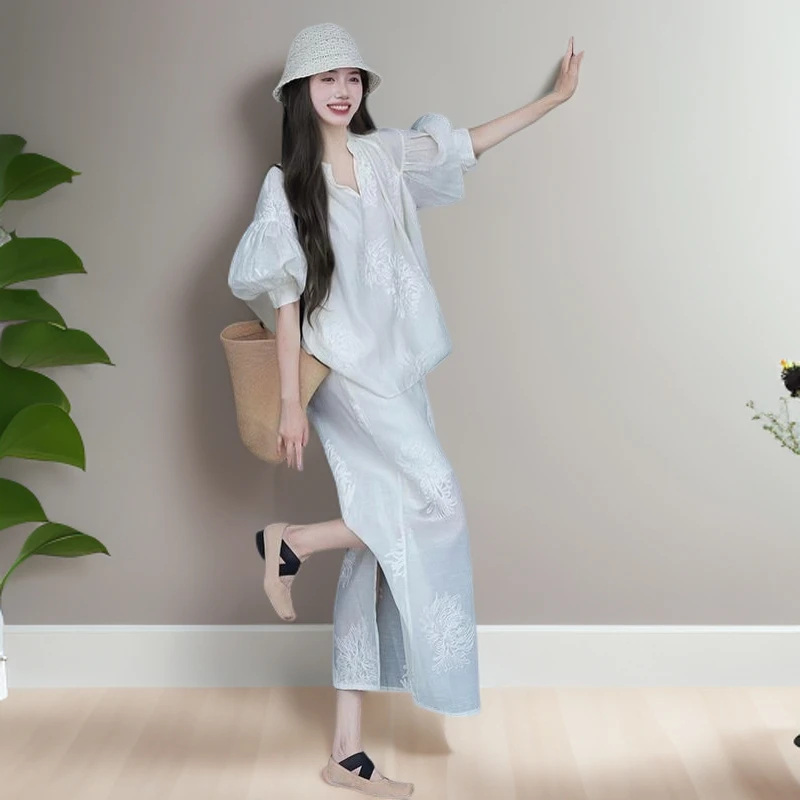 醉华夏季高端松弛感慵懒宽松漂亮休闲衬衫套装女上衣半身裙两件套