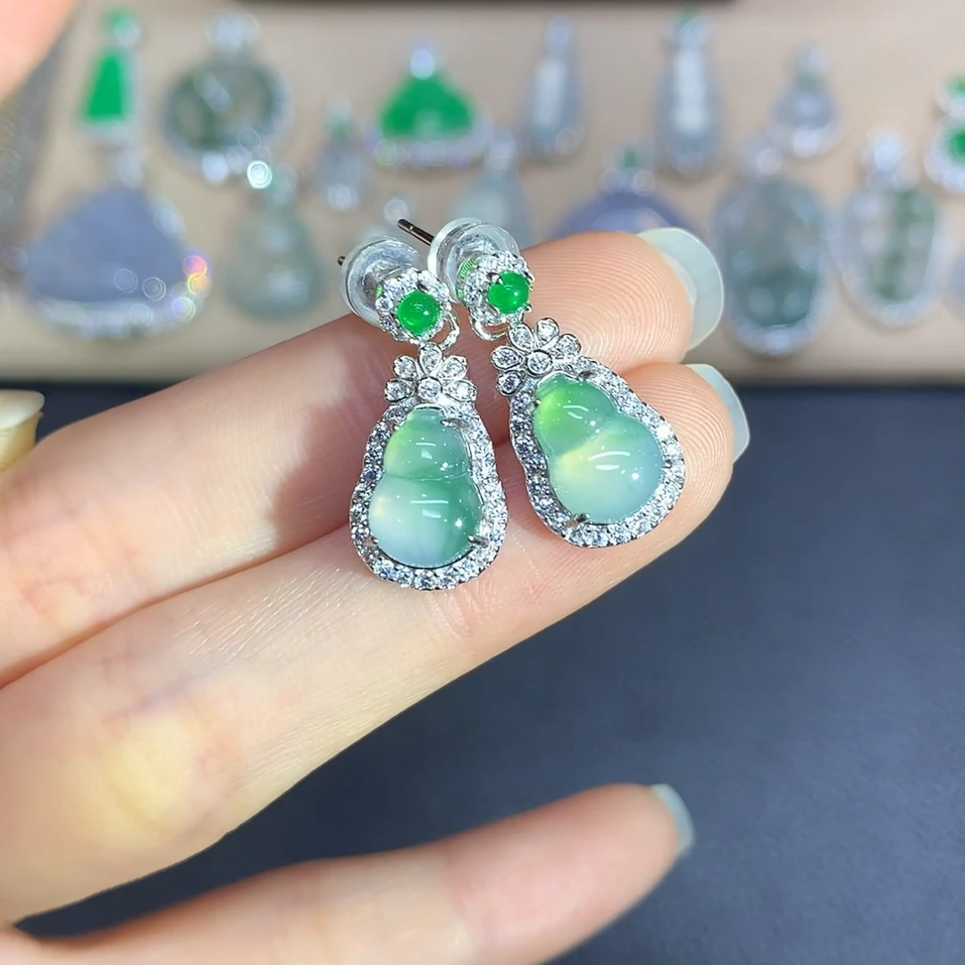 四会-（EH-21-1）葫芦耳坠-s925银镶翡翠葫芦耳饰多样性发其一