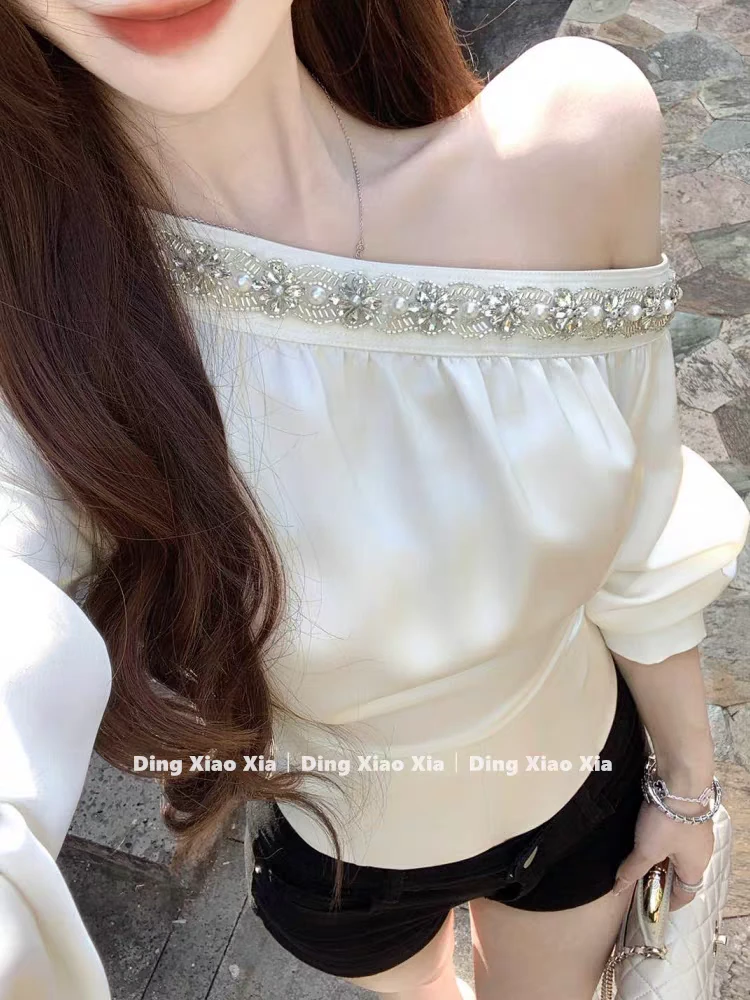 法式缎面斜肩衬衫女早春纯欲气质宽松显瘦收腰长袖高级感名媛上衣