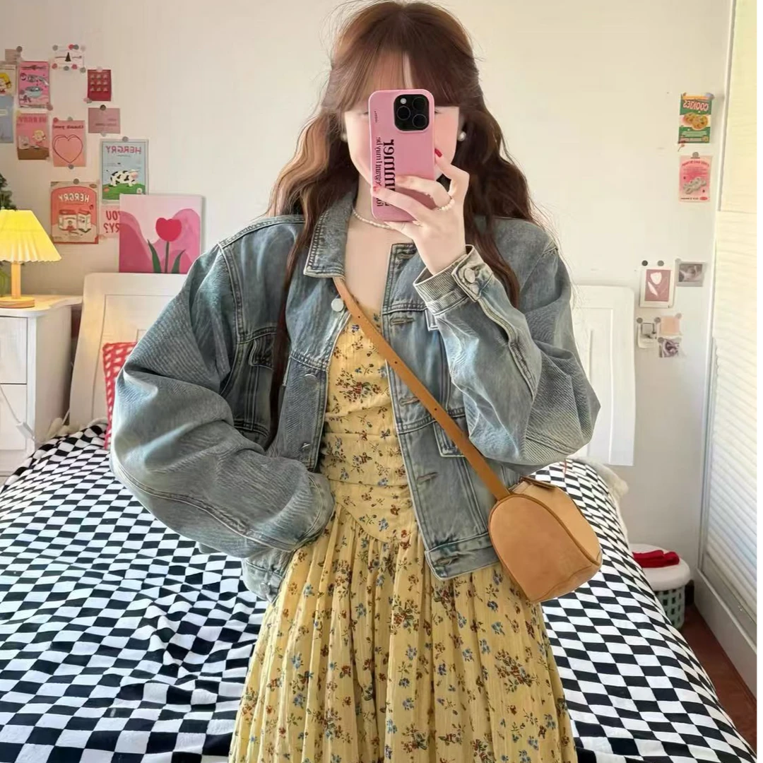 叮叮家【热情夏威夷 】碎花吊带黄色碎花连衣裙+牛仔外套两件套