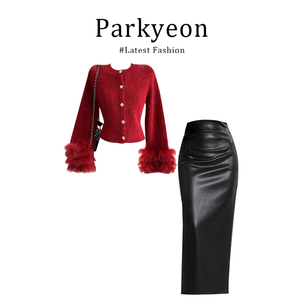 【现货秒发】法式小香风红色毛茸茸长袖针织毛衣女秋冬半身裙套装