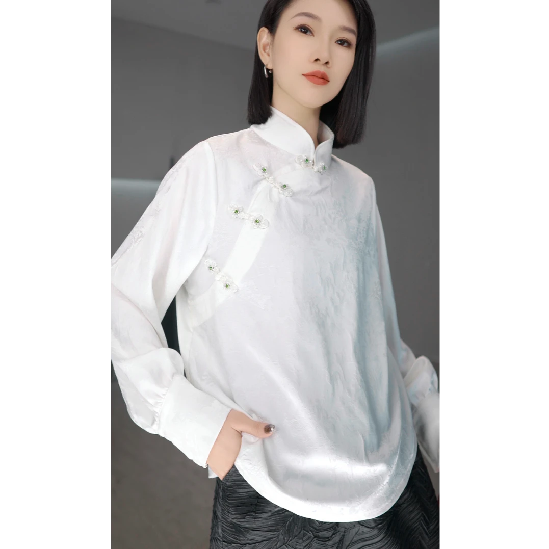 鑫鑫原创2025年春季新款国风新中式立领斜排扣复古时尚衬衫2635