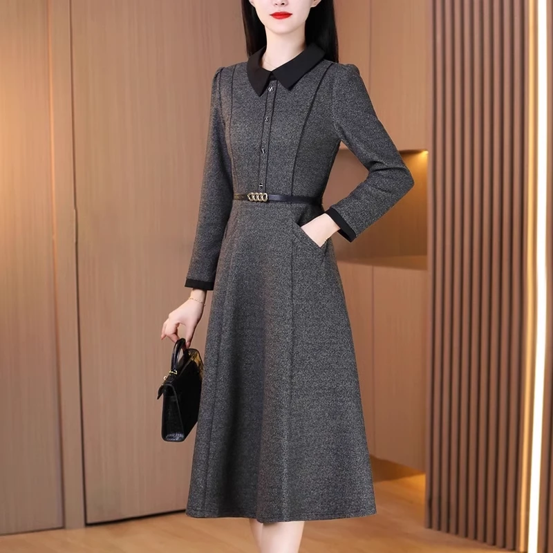 【拉夏】品牌贵夫人长袖气质连衣裙女2025早秋新款高档轻奢爆款裙子