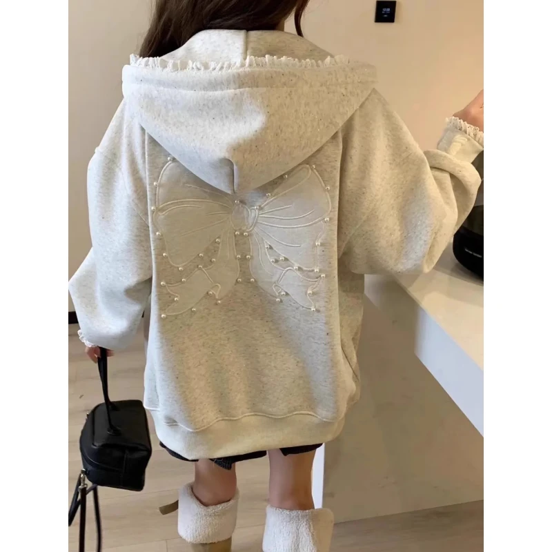重工刺绣蝴蝶结蕾丝拼接卫衣女特大码300斤灰色加绒连帽开衫外套