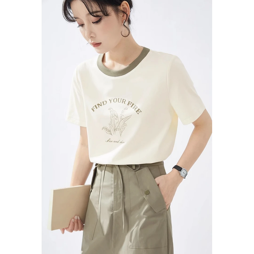 GUIER/桂儿字母印花撞色T恤女春宽松显瘦休闲百搭短袖上衣NT0173