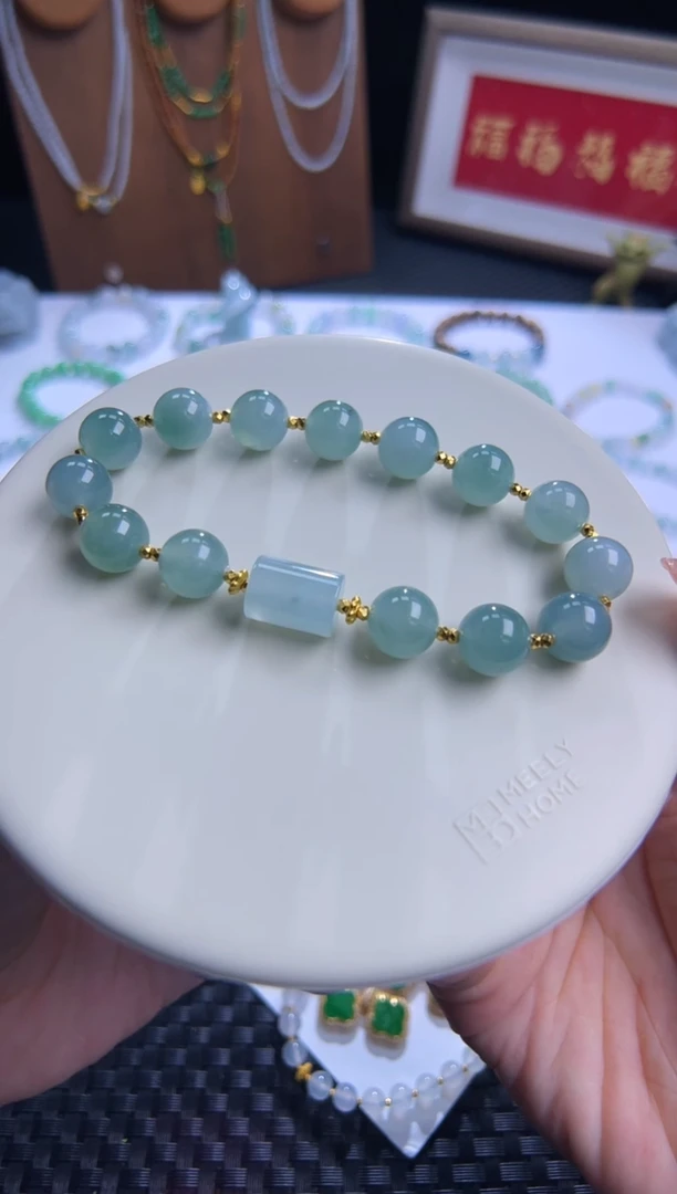 足金镶嵌手串翡翠大卡海蓝之谜！卡10晴底果冻料！高货大漏！