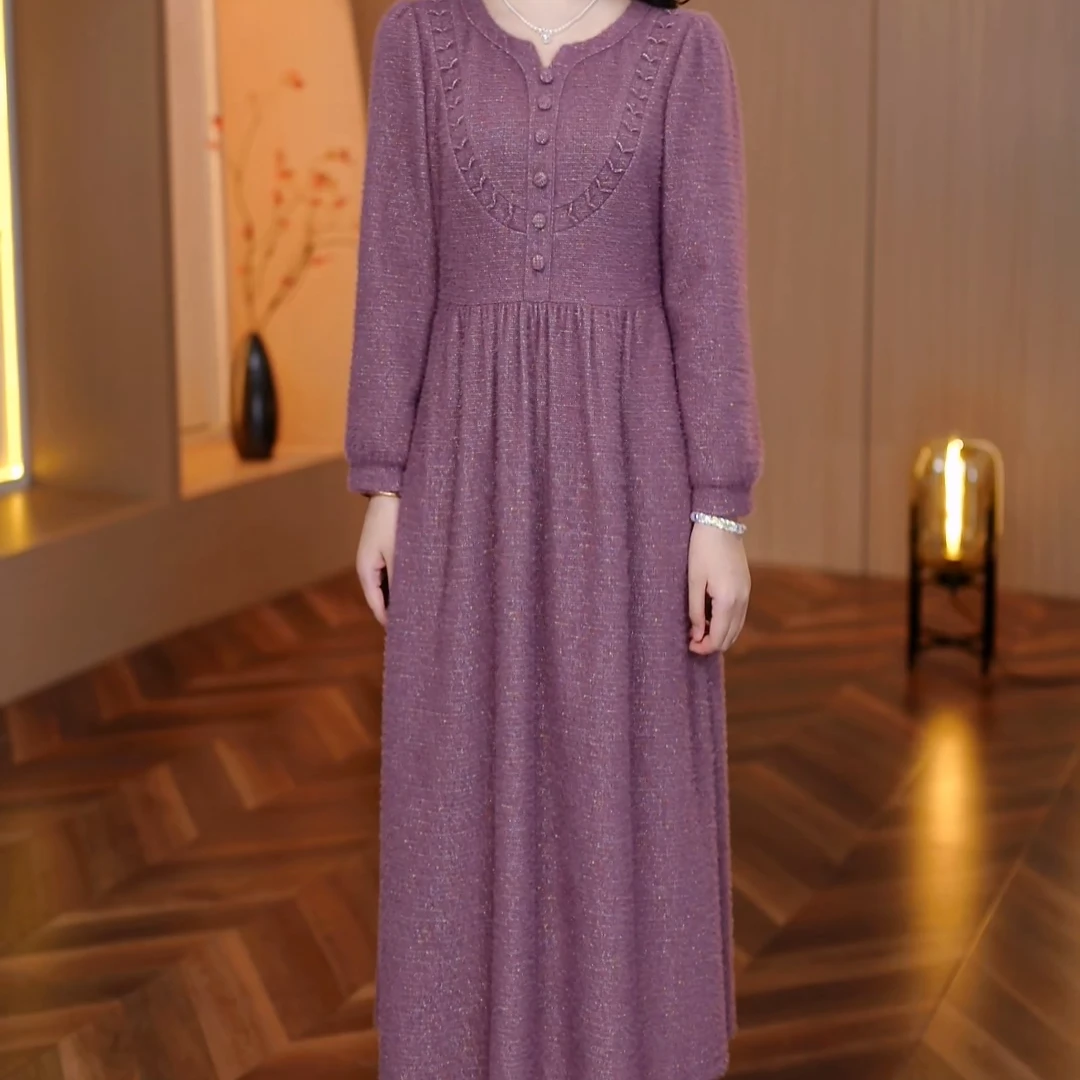 秋冬中长裙大码连衣裙加厚显瘦中长款连衣裙9501