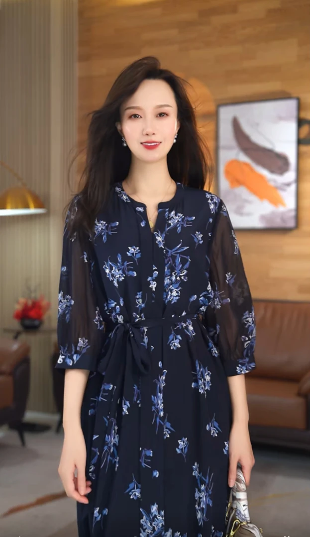 100%桑蚕丝16姆米双绉收腰连衣裙L90018