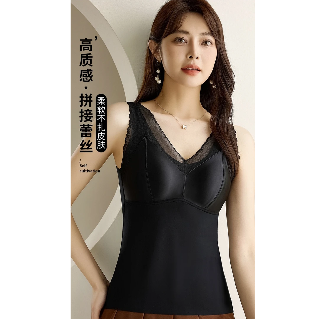 816春夏季无痕缎面亲肤美背带胸垫一体式蕾丝吊带背心长款内衣