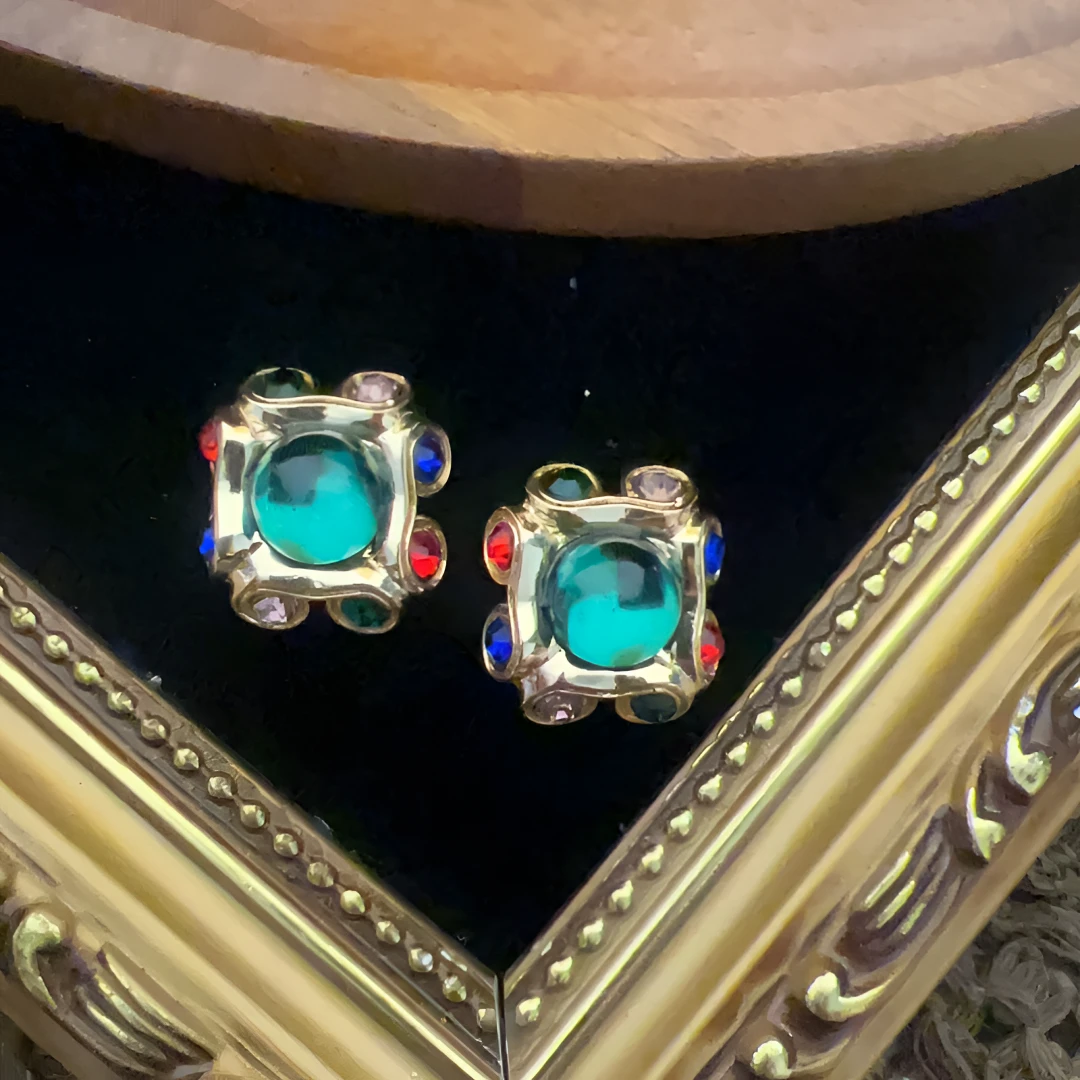 合金耳饰 几何方形复古/宫廷法式耳钉彩色时尚新中式晕染618，