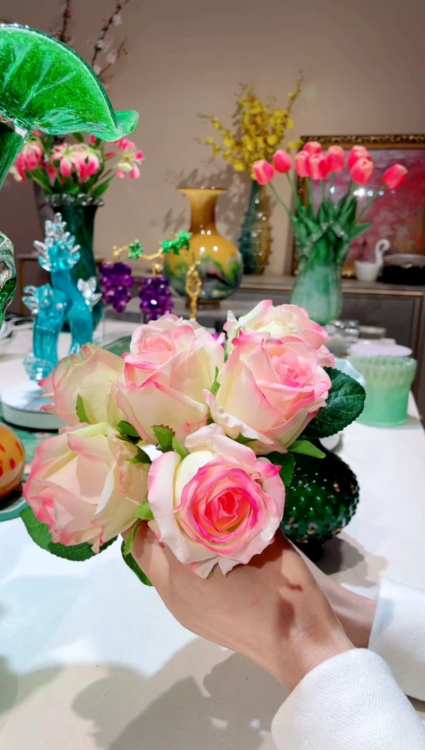 【闪购商品】琉璃手工艺品奶油黄玫红玫瑰7只