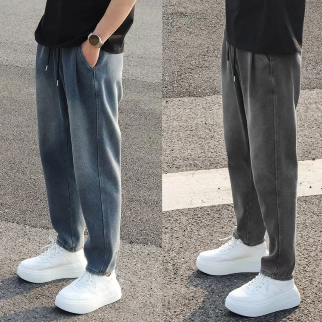 水洗黑牛仔卫裤版牛仔裤人字纹男款美式裤子秋季薄款微锥直筒长裤