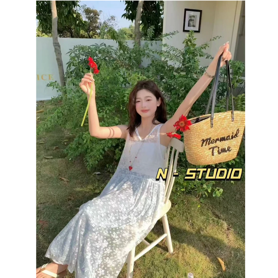 韩系叠穿镂空蕾丝裙女2025春季新款时尚简约少女中长款吊带连衣裙
