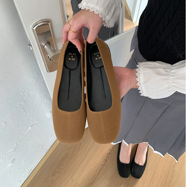 简约乐福鞋2025新款方头软底奶奶鞋女绒面豆豆鞋韩版浅口平底单鞋