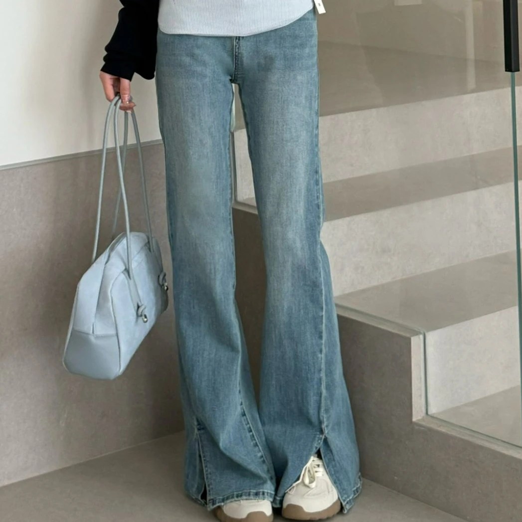 蓝色高腰大码微喇开叉直筒牛仔裤女显瘦遮跨梨形身材阔腿裤