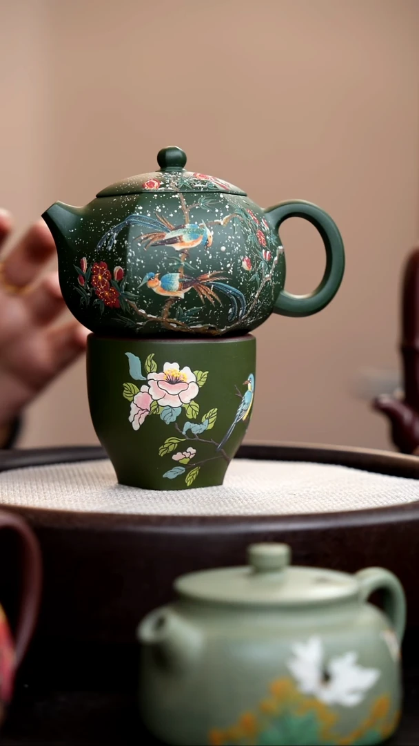 茶壶紫砂民国绿六方西施泥绘雪景+杯