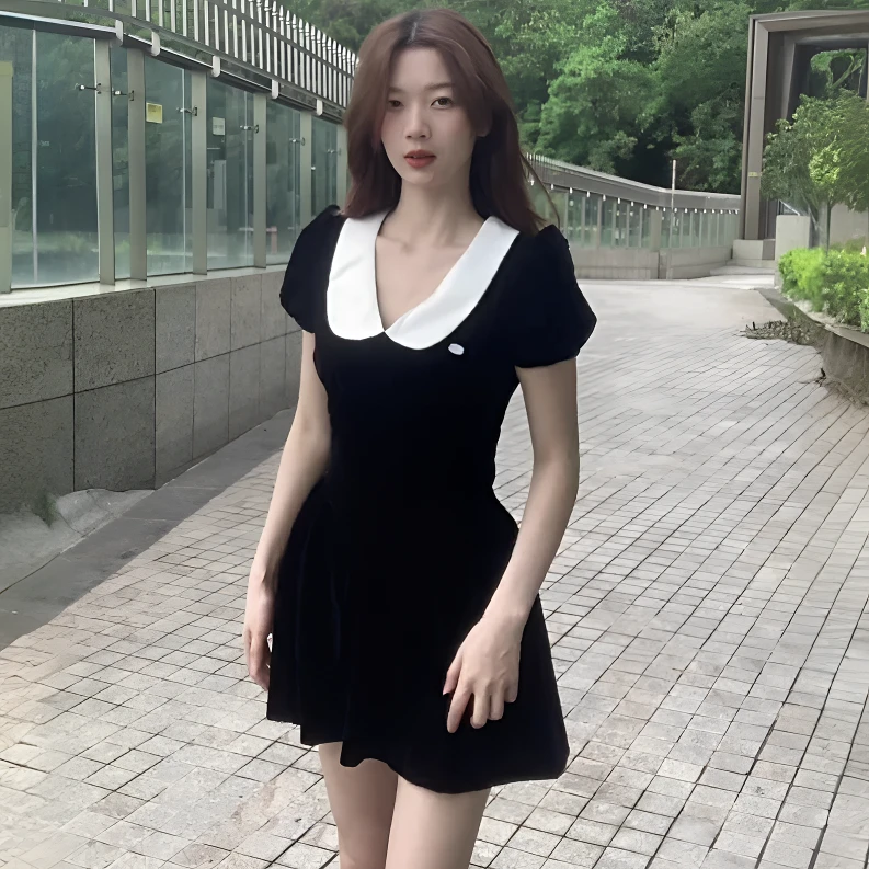 2025时尚百搭复古娃娃领公主袖a字裙夏季设计感收腰显瘦连衣裙女