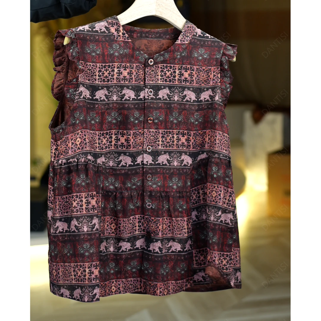 桃溪渡《非遗美学》2311新中式复古印花减龄无袖花边背心