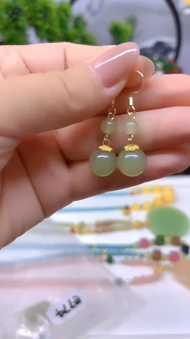 和田玉14K金镶嵌耳饰E774