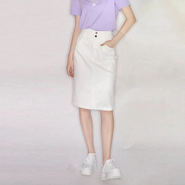F1777-【摩】宽松百搭白色牛仔裙#ZMF56E012
