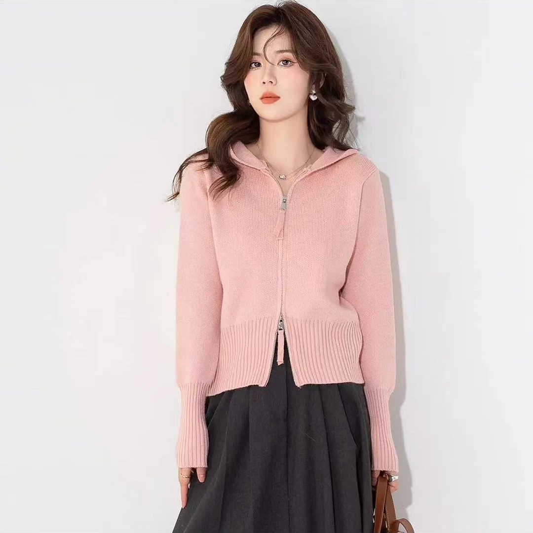 A023连帽毛衣针织开衫女2024秋冬新款时尚百搭别致毛衣外套纯色上