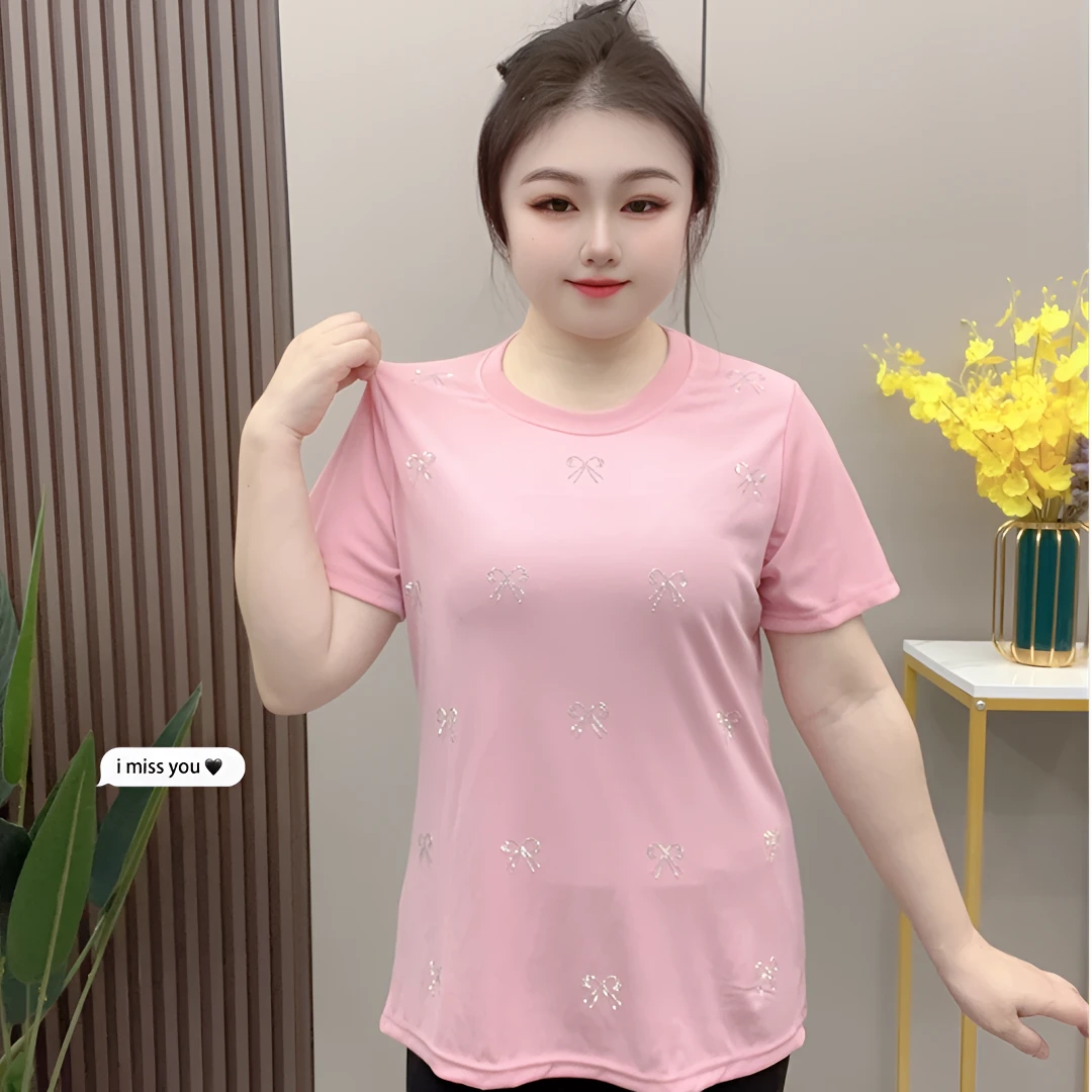 春夏半袖-亮钻蝴蝶大码女装时尚百搭显瘦短袖T恤