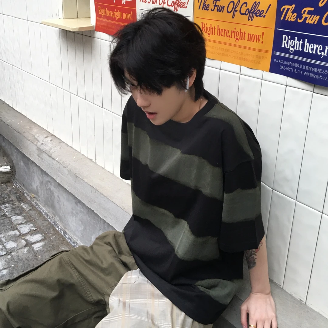 新款小众扎染渐变条纹重磅纯棉短袖T恤男春夏季宽松百搭圆领上衣