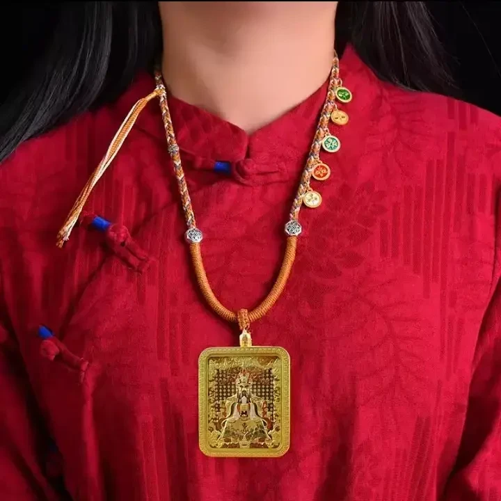 铜合金吊坠 纯黄铜五爷文殊压铸彩绘护身符唐卡吊坠项链男女同款