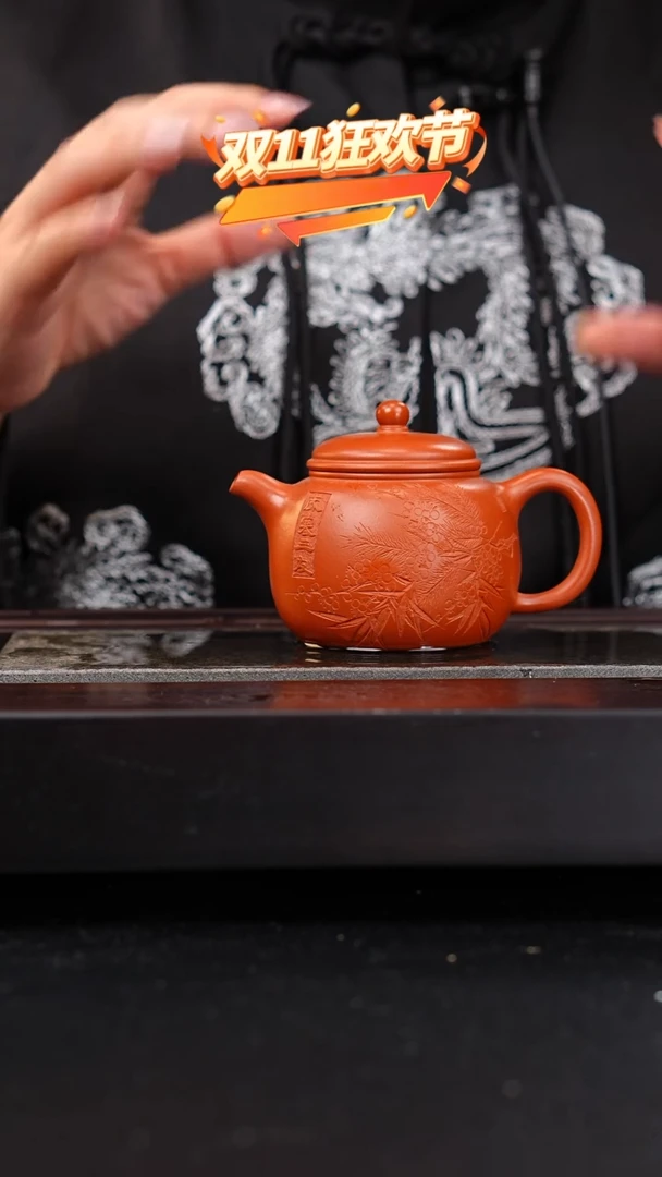 茶壶紫砂赵庄朱泥匏尊刻绘200cc吴国仙