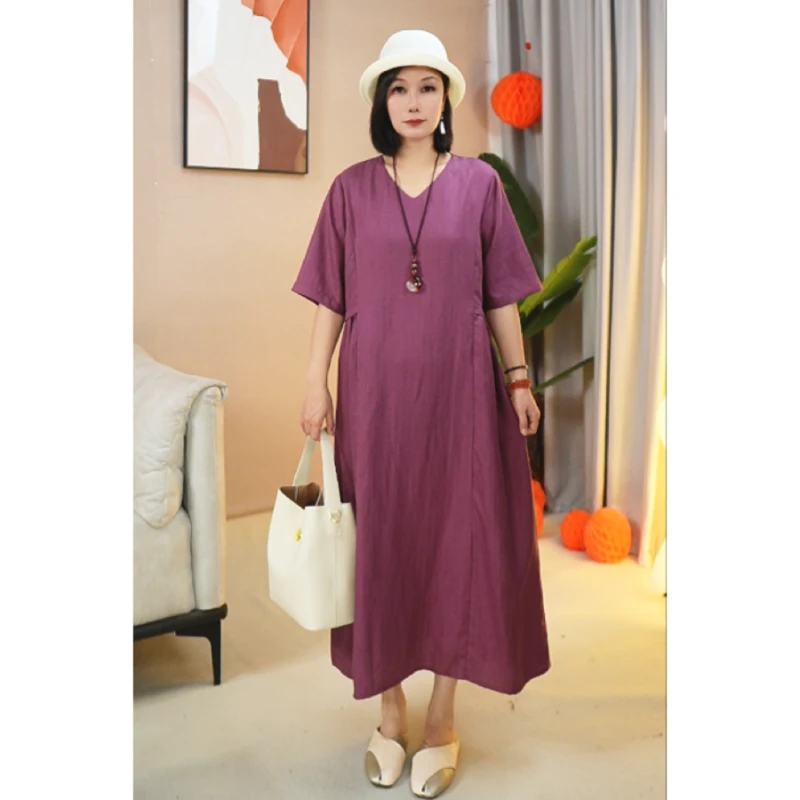 大码妈妈装亚麻V领连衣裙女夏季新款气质中长款时尚宽松显瘦裙子