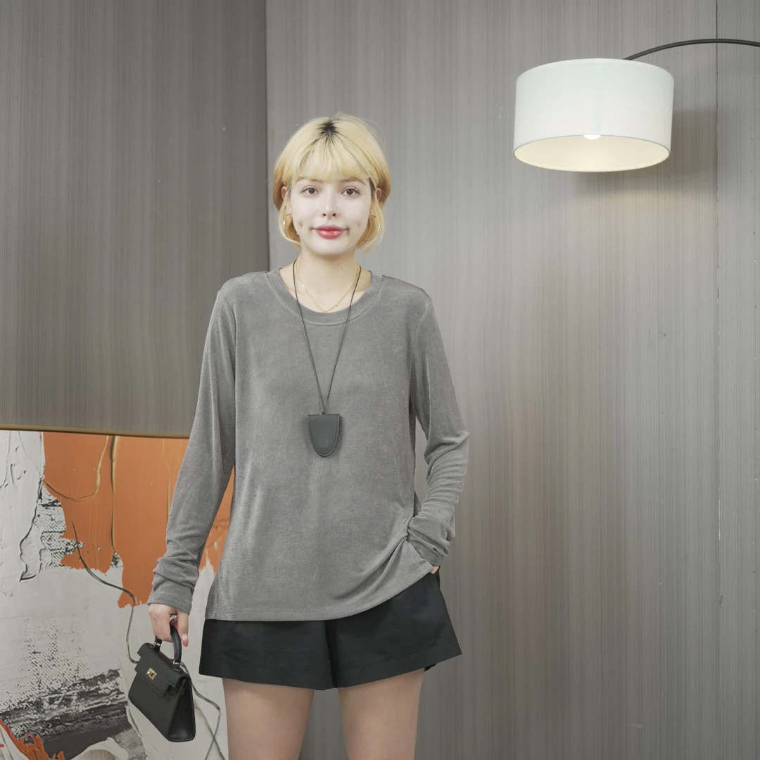 【冰冰推荐】362新品百搭显瘦开叉V领内搭长袖T恤上衣打底衫出行