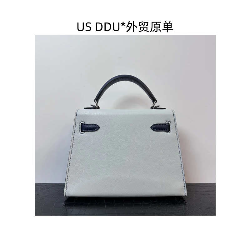 A178 珍珠灰拼宝石蓝银扣凯莉22外缝法羊皮手提包1382/D014