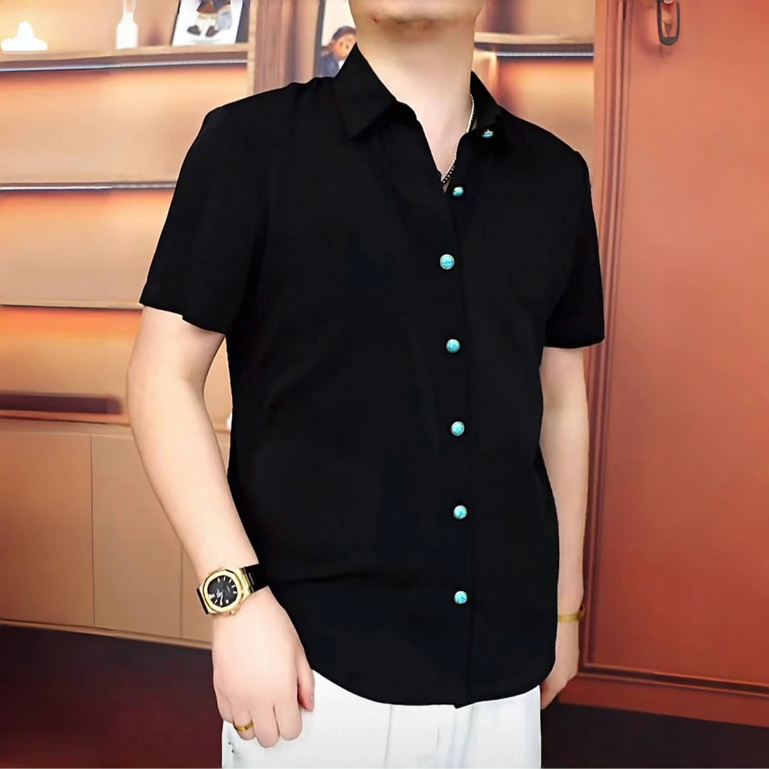 《幽黑蓝扣》2025夏衬衫百搭翻领休闲潮流时尚修身帅气个性男士