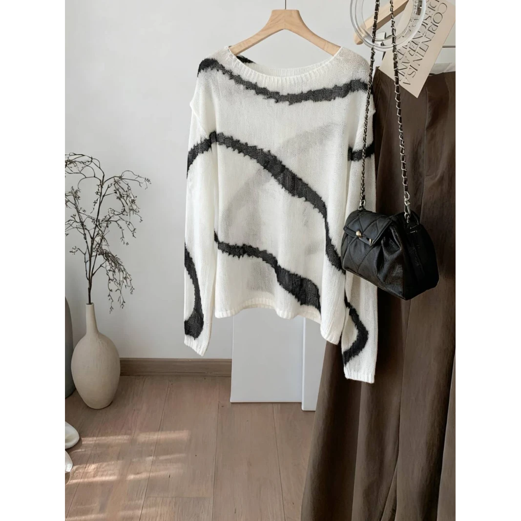 绝美！不能错过！黑白拼色斑马纹针织衫女慵懒毛衣宽松百搭上衣秋冬