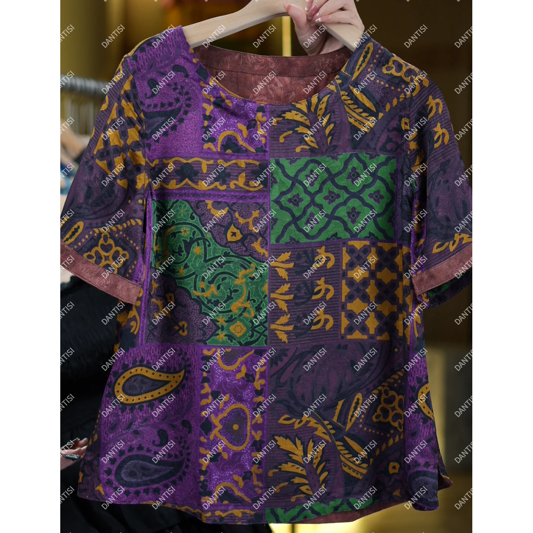 若槿《非遗美学》1150新中式圆领休闲洋气双面穿短袖上衣