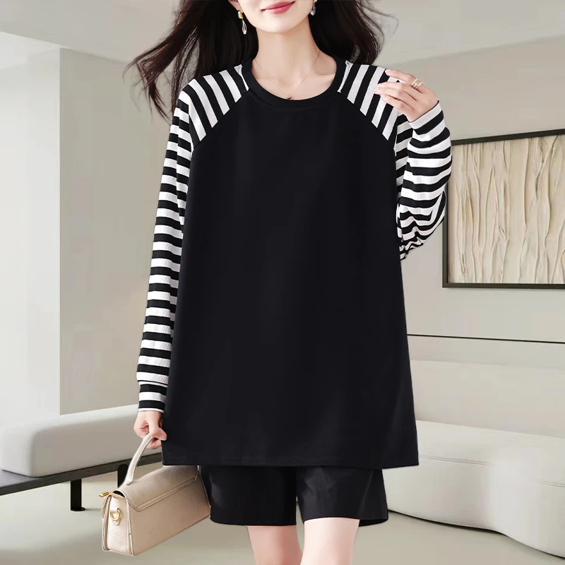 设计感条纹拼接长袖T恤女2025秋季新款时尚宽松显瘦休闲百搭上衣