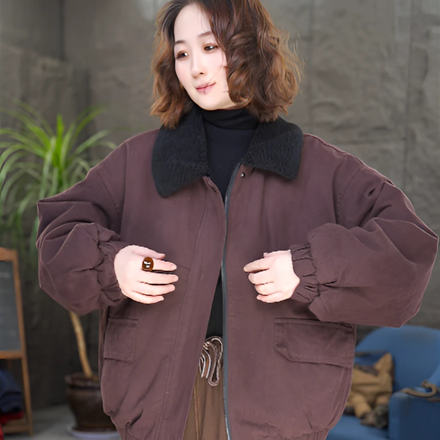 POLO领宽松常规款常规加绒棉服复古冬季保暖女装纯色