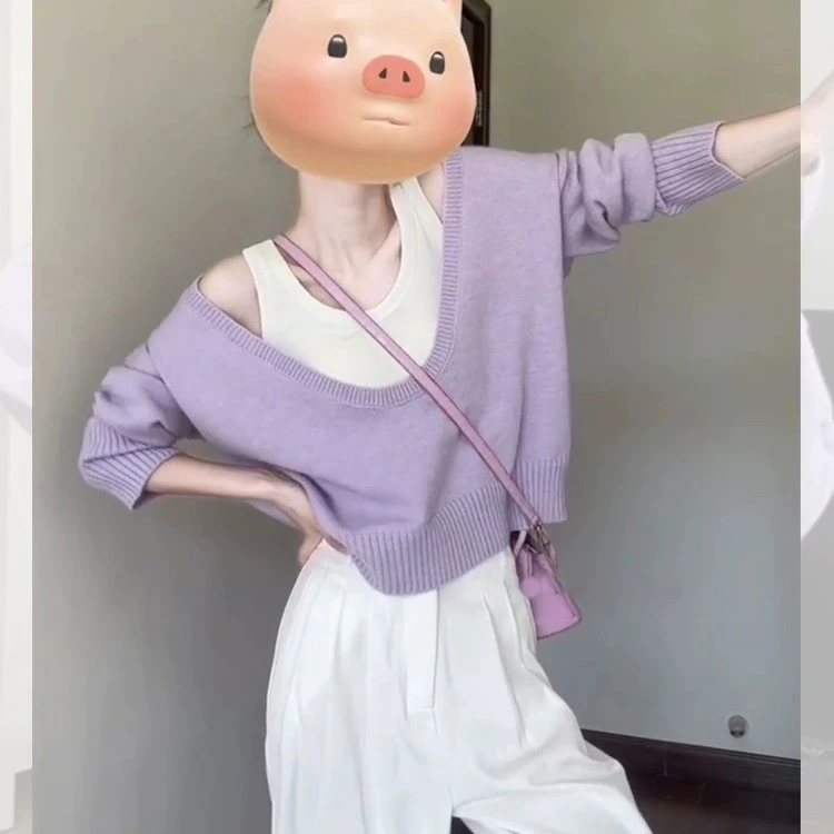 紫色软糯V领长袖针织衫女两件高级感毛衣宽松少女风叠穿套头上衣