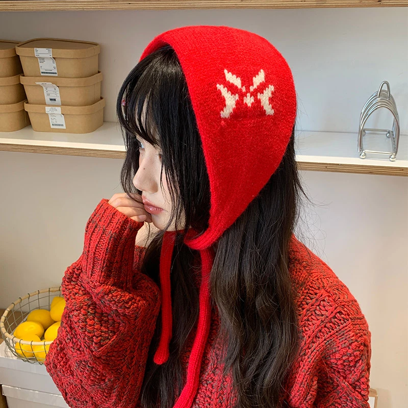韩系红色提花针织毛线耳罩女秋冬防寒护耳头巾保暖百搭耳暖耳捂子