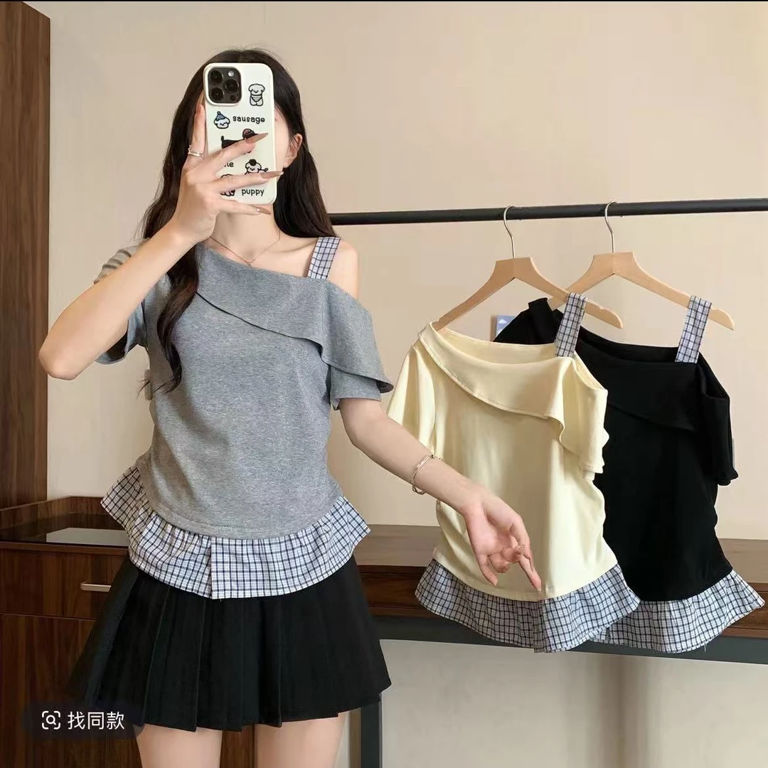 2025年新款设计感不规则斜肩收腰显瘦格子拼接短袖T恤上衣