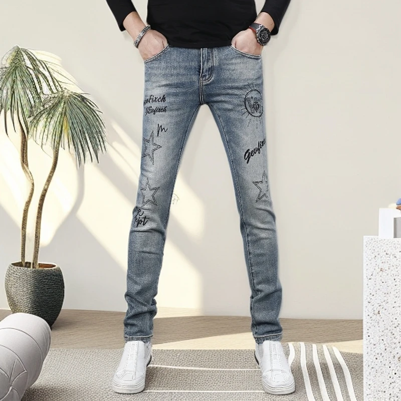 诺顿雷斯潮牌欧版秋季牛仔裤男士新款修身小脚潮牌刺绣烫钻潮流裤