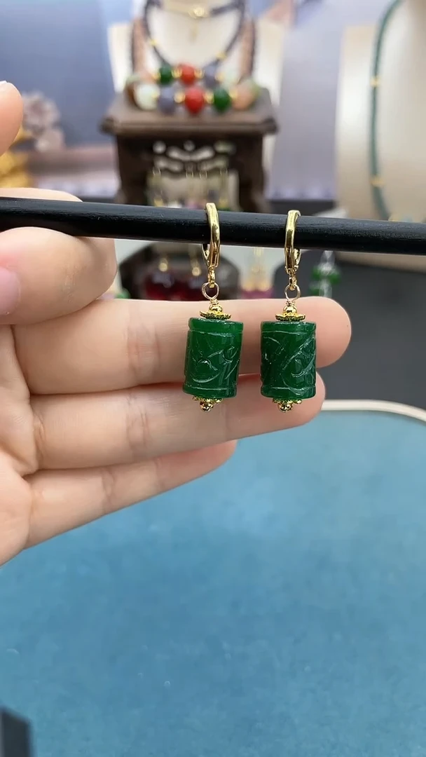 和田玉14K金镶嵌耳饰路路通耳钩