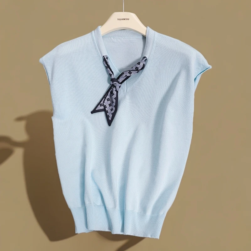 2025夏季新款显白时尚翻领无袖带丝巾高级感纯色显瘦上衣