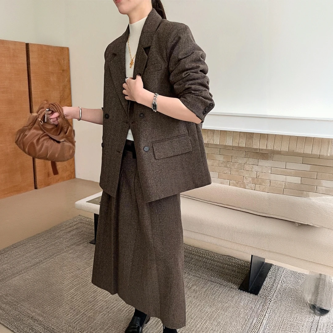 美拉德复古毛呢西装套装女秋冬气质通勤显瘦呢子西服半身裙两件套