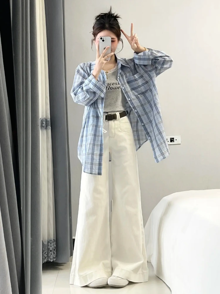 甜酷风独特洋气两件套女韩版洋气宽松格子衬衫修身背心时尚拖地裤