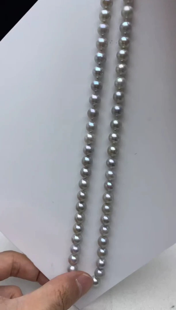 银S925镶嵌ff海水珍珠akoya灰珠串链7~8mm